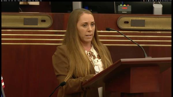Cheryl Rex, the mother of late Marine Lance Cpl. Dylan Merola, speaking at a forum for Gold Star families in Escondido, Calif. on August 7, 2023.