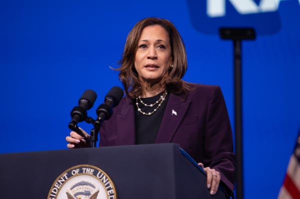 Vice President Kamala Harris delivering a keynote speech at the American Federation of Teachers' 88th Natio<em></em>nal Co<em></em>nvention in Houston, Texas