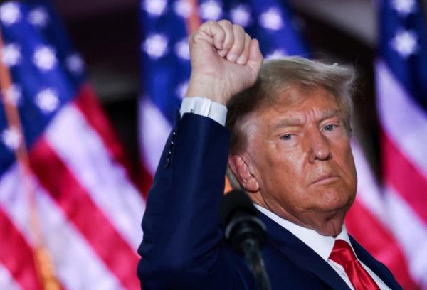 Former President Trump addressing the crowd at an event following his arraignment.  