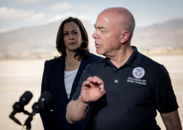 Homeland Security Secretary Alejandro Mayorkas speaks from the border in El Paso, Texas, alo<em></em>ngside Vice President Kamala Harris.