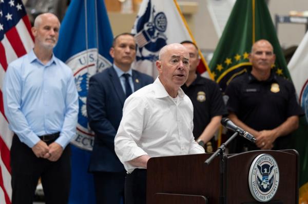 DHS Secretary Alejandro Mayorkas speaks during a news co<em></em>nference in Tucson, Arizona.