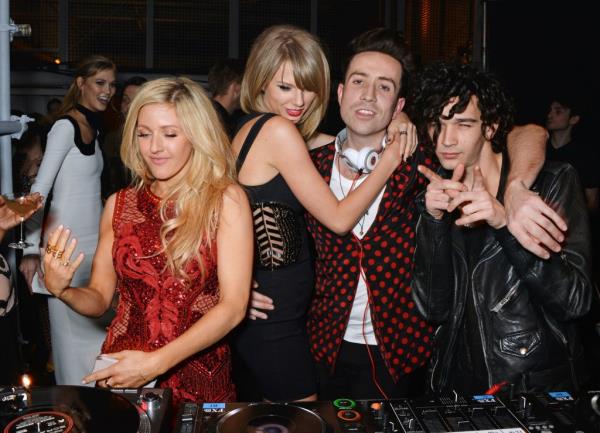 Karlie Kloss, Ellie Goulding, Taylor Swift, Nick Grimshaw and Matt Healy attend the Universal Music Brits party at The Soho House Pop-Up on February 25, 2015 in London, England. 