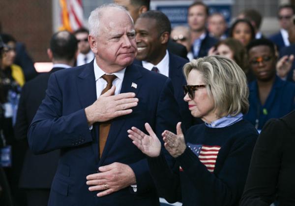 Mn. Gov. Tim Walz gestures to the crowd at Howard University on Nov. 6, 2024.