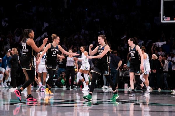 Sabrina Io<em></em>nescu #20 and Betnijah Laney-Hamilton #44 of the New York Liberty  reacts during Game 2 of the 2024 WNBA Finals against the Minnesota Lynx at Barclays Center . 