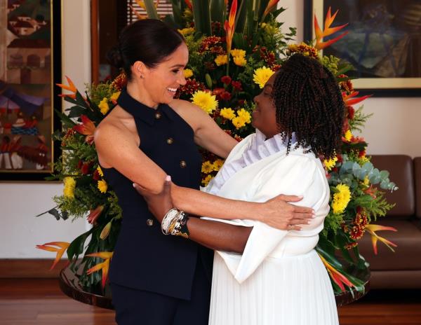 Meghan, Duchess of Sussex is welcomed to Colombia by Vice President Francia Márquez at her official residence on August 15, 2024 in Bogota, Colombia. Prince Harry, Duke of Sussex and Meghan, Duchess of Sussex are undertaking a four-day visit to Colombia.