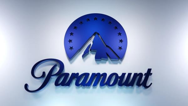 3D rendered Paramount global logo in blue featuring stars and a mountain on a bright background.