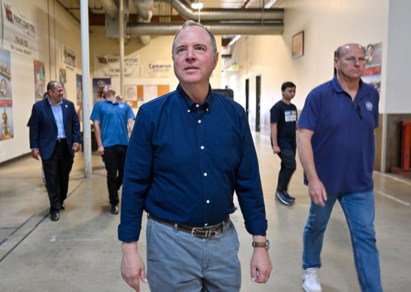 Rep. Adam Schiff visits with unio<em></em>n leaders as he tours the Iron Workers Training Center in La Palma, CA, on Tuesday, June 18, 2024.