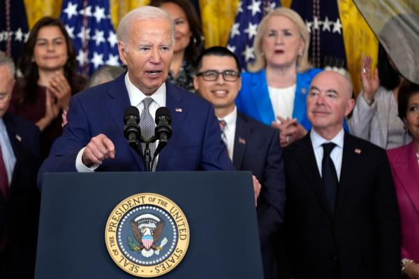 President Joe Biden speaks during an event marking the 12th anniversary of the Deferred Action of Childhood Arrivals program, in the East Room of the White House, Tuesday, June 18, 2024, in Washington.