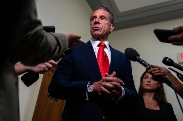 Andrew Cuomo speaks to members of the press after testifying before the Select Subcommittee on the Coro<em></em>navirus Pandemic in the Rayburn House Office Building at the U.S. Capitol on September 10, 2024 in Washington, DC.
