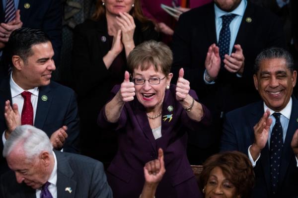 Rep. Marcy Kaptur, D-Ohio, cheers during President Joe Bidens State of the Unio<em></em>n address in the House Chamber of the U.S. Capitol on Tuesday, February 7, 2023.