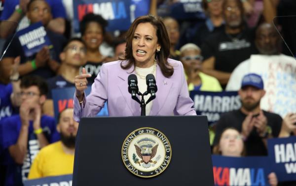 Harris speaks at a campaign rally at University of Las Vegas Thomas & Mack Center on Aug. 10, 2024.