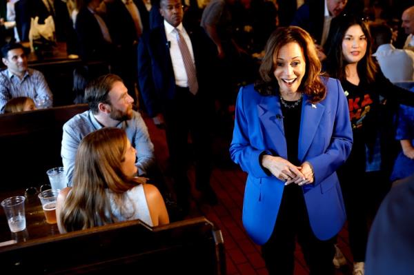 Democratic presidential candidate, Vice President Kamala Harris, greeting patrons at Primanti Bros. Restaurant during a campaign bus tour in Moon Township, Pennsylvania, August 2024