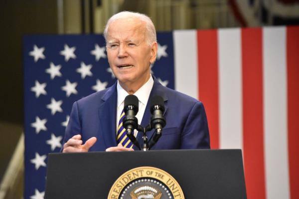 President Joe Biden is pictured giving remarks at Prince George's Community College in Maryland.