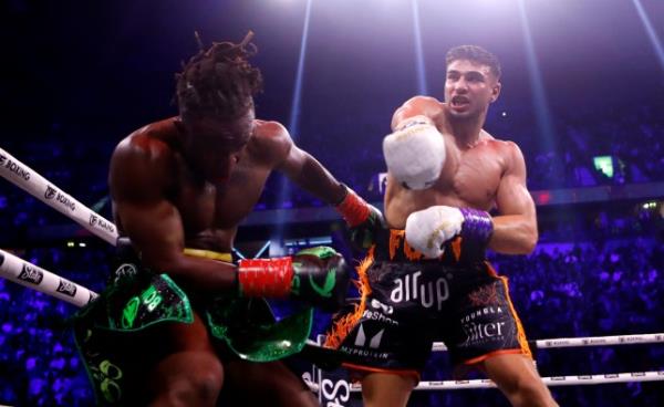 Tommy Fury and KSI in action during their bout during the MF and DAZN: X Series event at the AO Arena, Manchester