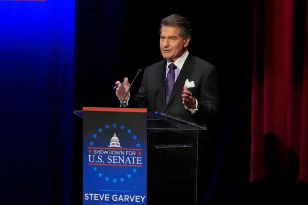 Former ba<em></em>seball player Steve Garvey speaks during a televised debate for candidates in the senate race to succeed the late California Sen. Dianne Feinstein, Monday, Jan. 22, 2024, in Los Angeles. 