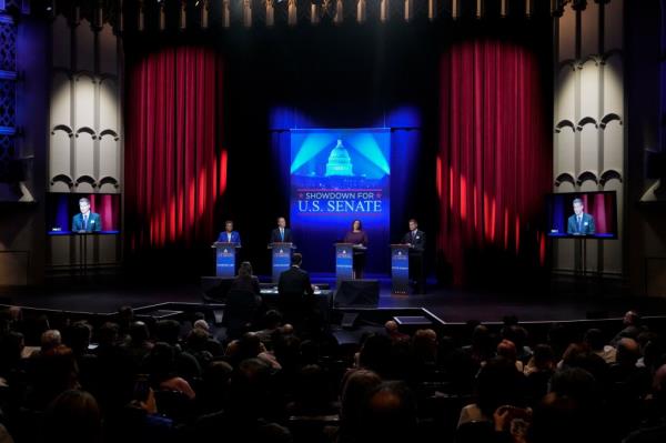 Candidates, from left, U.S. Rep. Barbara Lee, D-Calif.,, U.S. Rep. Adam Schiff, D-Calif.,, U.S. Rep. Katie Porter, D-Calif., and former ba<em></em>seball player Steve Garvey, stand on stage during a televised debate for candidates in the senate race to succeed the late California Sen. Dianne Feinstein, Monday, Jan. 22, 2024, in Los Angeles.