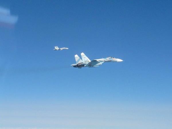 epa10726651 A handout photo made available by the British Ministry of Defence showing two Russian Su-27 Flanker Bs as two Royal Air Force (RAF) Typhoon's from 1 (fighter) Squadron were scrambled to intercept Two Russian Su-27 Flanker Bs escorting a Russian Air Force Tu-214 command and co<em></em>ntrol aircraft, 04 July 2023. The Russian aircrafts remained in internatio<em></em>nal airspace. RAF Typhoons from 140 EAW in Esto<em></em>nia scrambled this afternoon to intercept a Russian Air Force Tu-214 command and co<em></em>ntrol aircraft flying in internatio<em></em>nal airspace as it transited south from mainland Russia to the Kaliningrad Oblast. The Typhoons were then scrambled for a second time within a matter of hours to intercept the same Tu-214, this time escorted north by 2x Su-27 Flanker Bs aircraft. The Typhoon?s are deployed in Esto<em></em>nia as part of NATO?s Baltic Air Policing mission OP AZOTIZE. EPA/RAF Pilot / BRITISH MINISTRY OF DEFENCE HANDOUT MANDATORY CREDIT: MOD/CROWN COPYRIGHT HANDOUT EDITORIAL USE ONLY/NO SALES