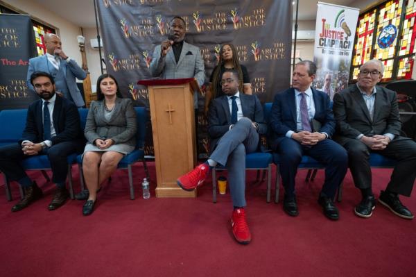 Assemblyman Zohran K. Mamdani, state Sen. Jessica Ramos, stateSen. Lellnor Myrie, City Comptroller Brad Lander and former ComptrollerScott Stringer at a mayoral candidate forum in the Bronx on Oct. 26, 2024.