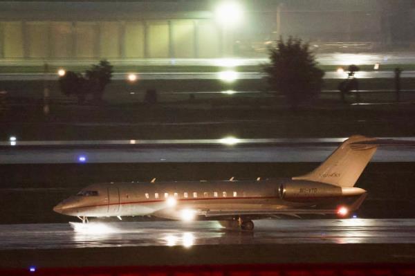A private jet, believed to be carrying WikiLeaks founder Julian Assange, preparing to depart from Don Mueang Internatio<em></em>nal Airport in Bangkok, Thailand, at night.
