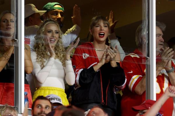 Brittany Mahomes and Taylor Swift celebrate a touchdown by the Kansas City Chiefs against the Denver Bro<em></em>ncos during the second quarter at GEHA Field at Arrowhead Stadium on October 12, 2023 in Kansas City, Missouri. 