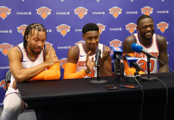 Jalen Brunson, RJ Barrett and Julius Randle address the media at Knicks media day on Monday.
