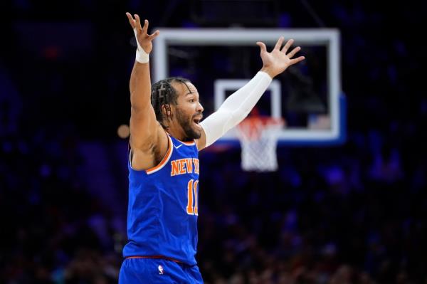 New York Knicks' Jalen Brunson reacts during the first half of an NBA basketball game against the Philadelphia 76ers