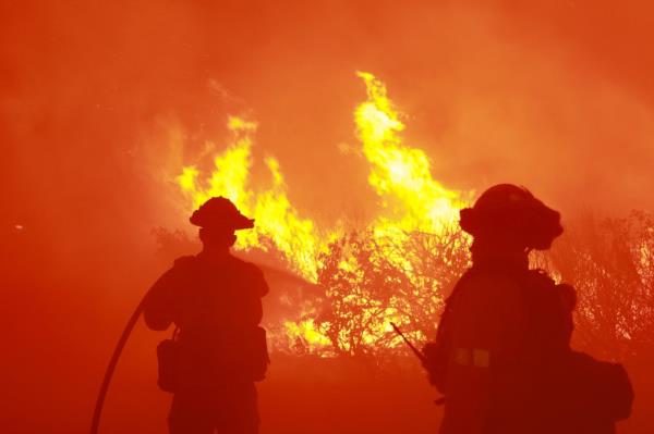 Firefighters from the Los Angeles Fire Department (LAFD) and other firemen respond to the Post Fire 