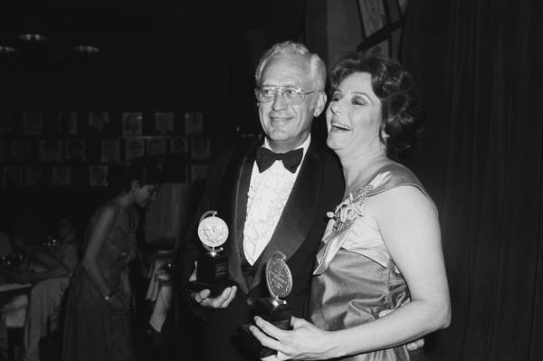 Henderson Forsythe and Carlin Glynn hold their Tony Awards for 