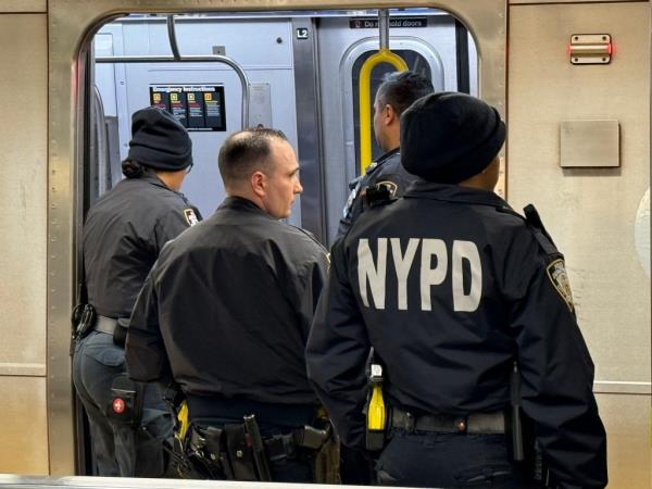 NYPD cops outside subway car