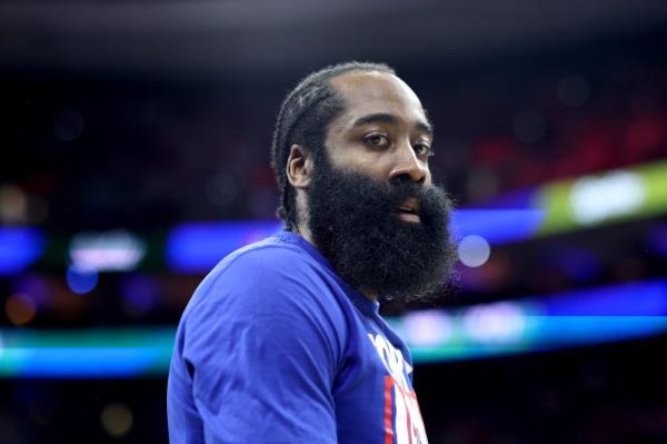 James Harden (1) looks on prior to game six of the Eastern Co<em></em>nference Semifinals in the 2023 NBA Playoffs against the Boston Celtics at Wells Fargo Center on May 11, 2023.