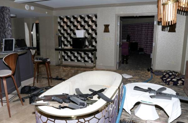 The interior of Stephen Paddock's 32nd-floor room at the Mandalay Bay hotel following the shooting in Oct. 2017.