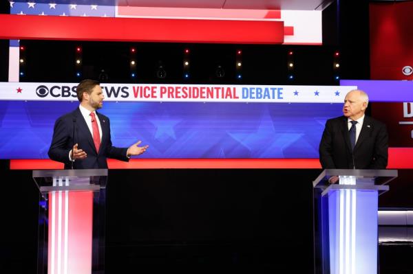 Republican vice presidential candidate, Sen. JD Vance (R-OH), and Democratic vice presidential candidate, Minnesota Gov. Tim Walz, participate in a debate at the CBS Broadcast Center on October 1, 2024 in New York City.