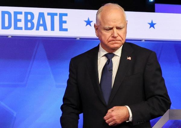 Democratic vice presidential nominee Minnesota Governor Tim Walz attends a debate with Republican vice presidential nominee U.S. Senator JD Vance (R-OH) (not pictured) hosted by CBS in New York, U.S., October 1, 2024.