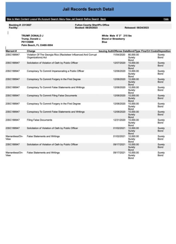 Do<em></em>nald Trump's arrest booking sheet from Fulton County Sheriff's Office in Georgia