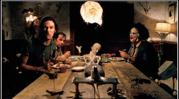 Three spooky people at a dinner table