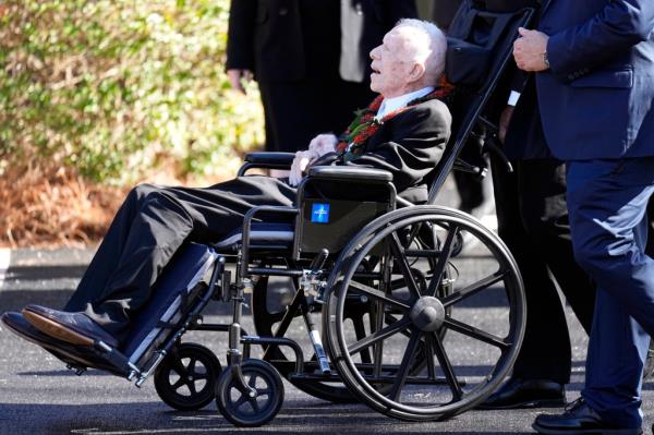 Former President Jimmy Carter at the funeral service for his wife, Rosalynn Carter, on Nov. 29, 2023.