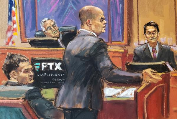 Gary Wang testifying last year as Sam Bankman-Fried looks on.