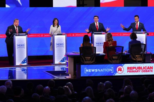 Former New Jersey Governor Chris Christie, former U.S. Ambassador to the United Nations Nikki Haley, Florida Governor Ron DeSantis and tech entrepreneur Vivek Ramaswamy participate during the fourth Republican candidates' debate of the 2024 U.S. presidential campaign hosted by NewsNation at the University of Alabama in Tuscaloosa, Alabama, U.S.
