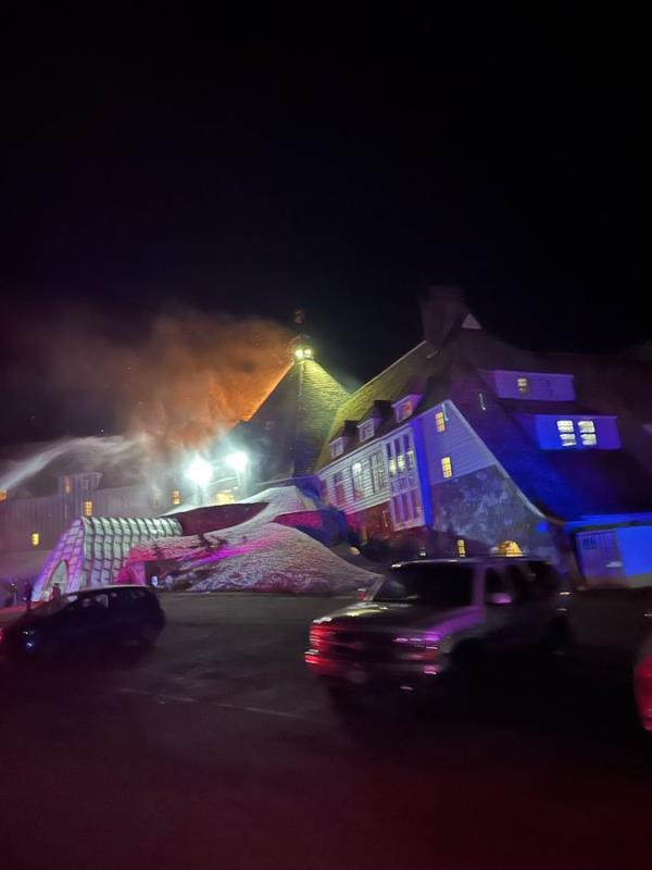 Firefighters battle a blaze at the Timberline Lodge in Oregon on April 18, 2024.