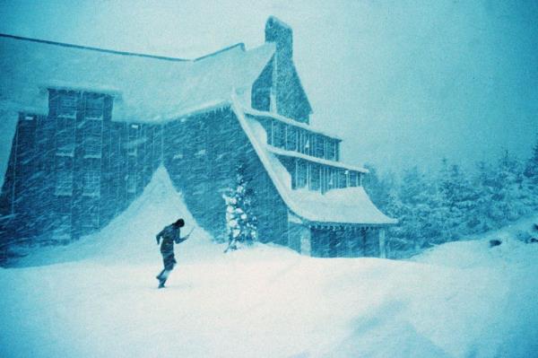 An exterior view of the historic lodge in a scene from the 1980 film 