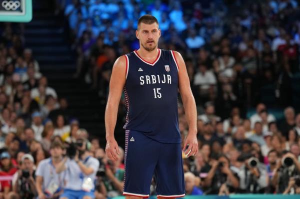 Nikola Jokic #15 of the Serbian Men's Natio<em></em>nal Team looks on during the game during the Men's Semi-Finals on August 8, 2024 at the AccorHotels Arena in Paris, France.