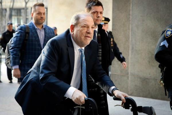 Harvey Weinstein arrives at a Manhattan courthouse as jury deliberations co<em></em>ntinue in his rape trial in New York, on Feb. 24, 2020. 