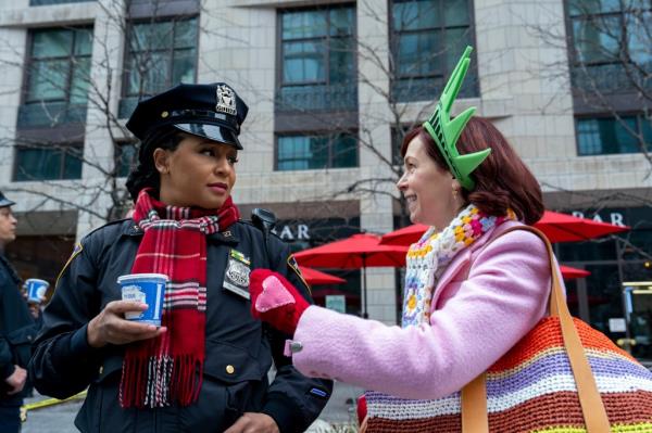 Carrie Preston as Officer Kaya Blanke and Elsbeth Tascioni in the opening episode of 