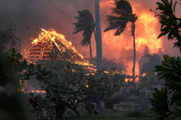 Waiola Church in Lahaina engulfed in flames on August 8, 2023.