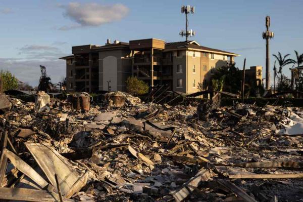 Charred remains of an apartment complex in the aftermath of a wildfire in Lahaina, western Maui, Hawaii on August 12, 2023. 