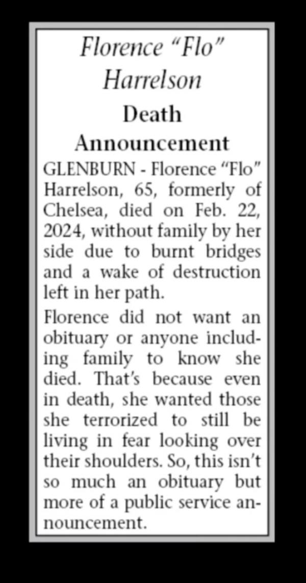 A photo showing the printed obituary.