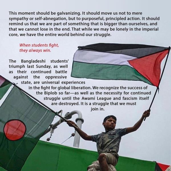 A post from Instagram showing a child waving a Palestinian and Bangladesh flag