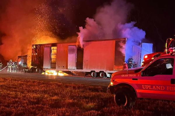 A truck on fire.