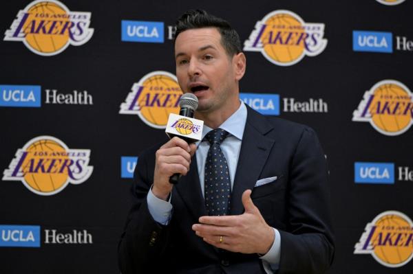 Los Angeles Lakers head coach JJ Redick speaks to the media during an introductory news co<em></em>nference at the UCLA Health Training Center. 