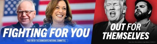Billboard featuring smiling portraits of Kamala Harris and Tim Walz co<em></em>ntrasted with scowling faces of Do<em></em>nald Trump and J.D. Vance in a swing state traffic setting.